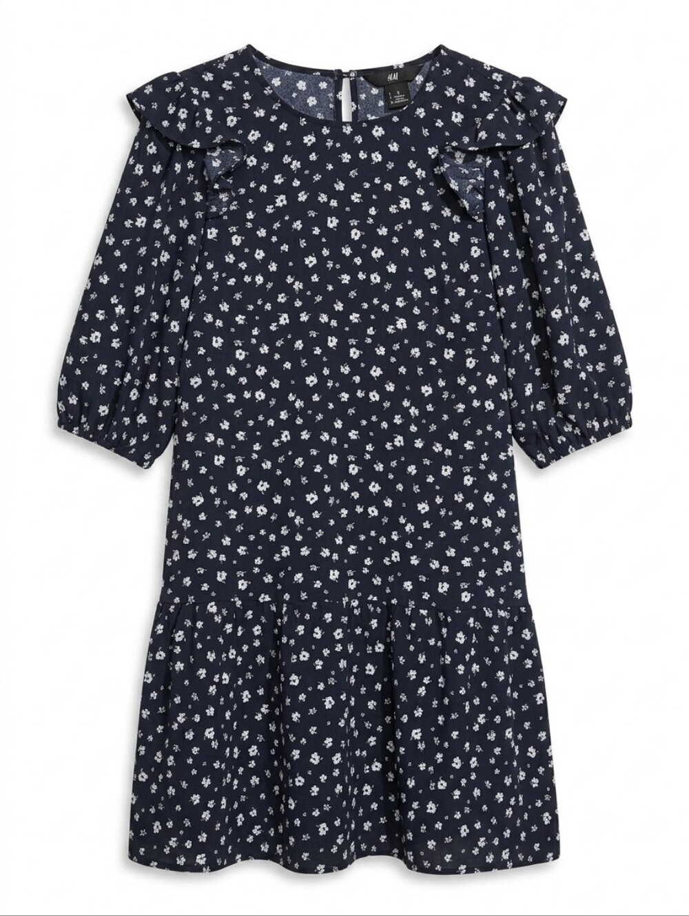 ​Divided H&M Ditsy Floral Ruffle Shoulder Puff Sleeve Mini Dress Black White